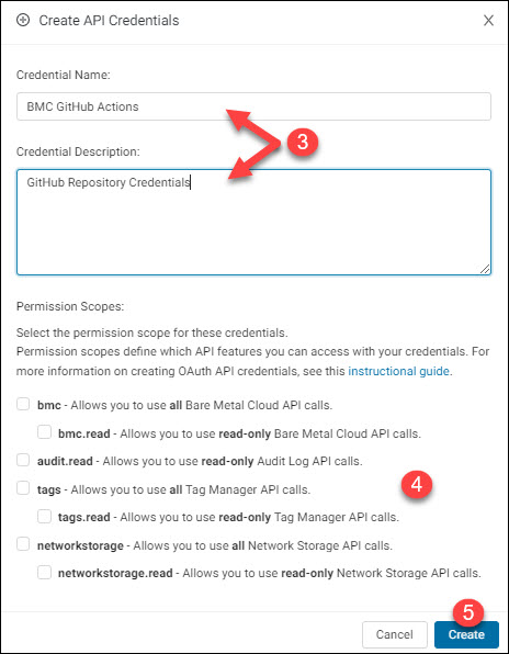 Creating credential name and description and selecting permission scopes